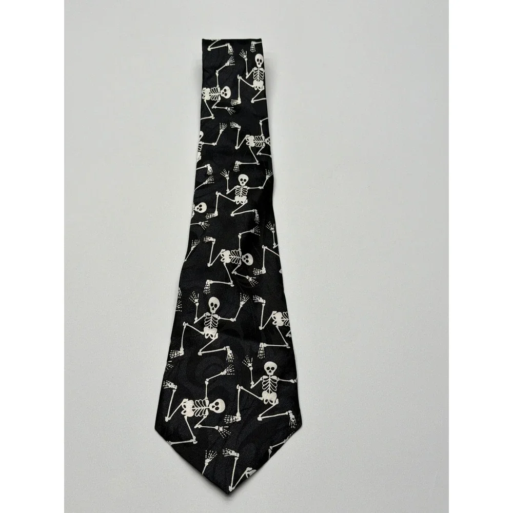 Dimoda Mens‎ Dancing Skeleton Halloween Tie Black White Novelty Gothic Handmade